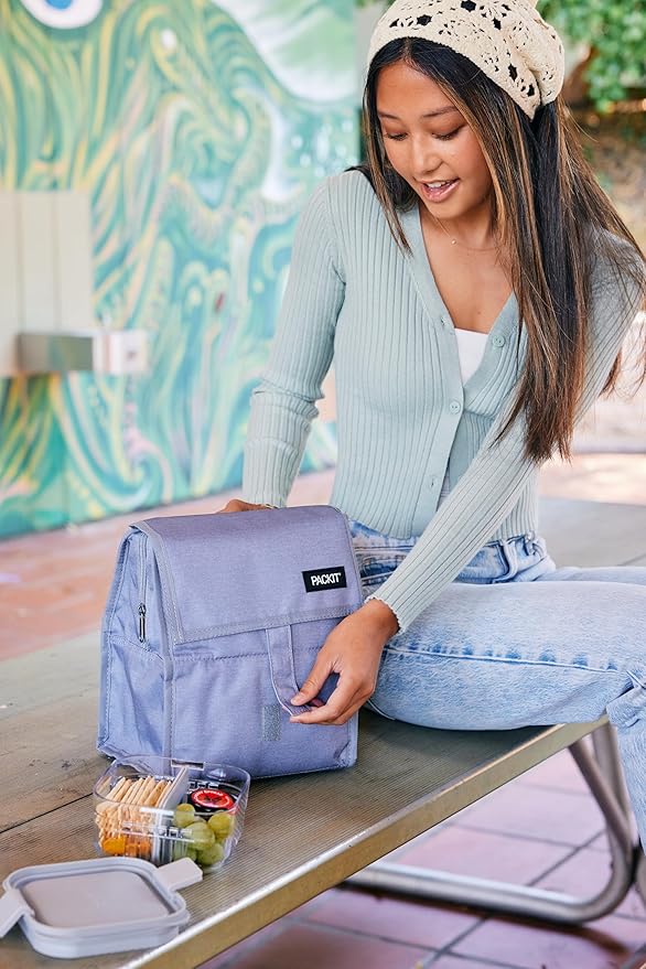 PackIt Freezable Lunch Bag with Zip Closure, Gray Stripe