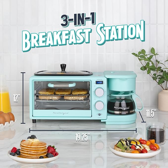 Nostalgia 3-in-1 Retro Breakfast Station - Includes 5 Cup Coffee Maker, Non-Stick Ceramic Griddle, and 4-Slice Toaster Oven - Built-In Timer, Reusable Coffee Filter, Space-Saving Design - Aqua