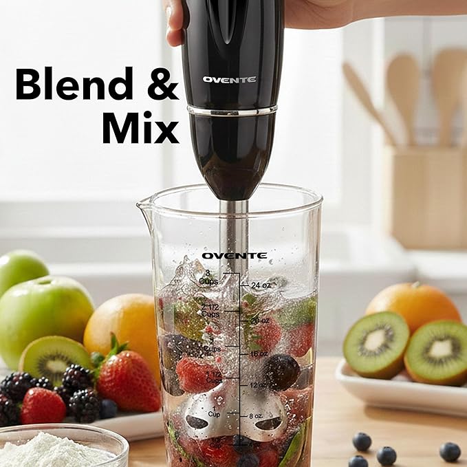 OVENTE Immersion Hand Blender Set, 300W Electric Handheld Stick Mixer, 2 Mixing Speeds with Stainless Steel Blades, Egg Whisk, Beaker & BPA-Free Food Chopper, Black HS565B