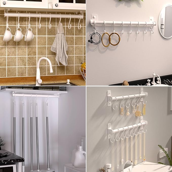 Dseap Kitchen Utensil Holder Hanger, Pot and Pan Rack Wall Mounted, Kitchen Rail with 8 Hooks for Hanging Cooking Utensils, Mugs, Spoons, Wall Mounted, White, Pack of 2