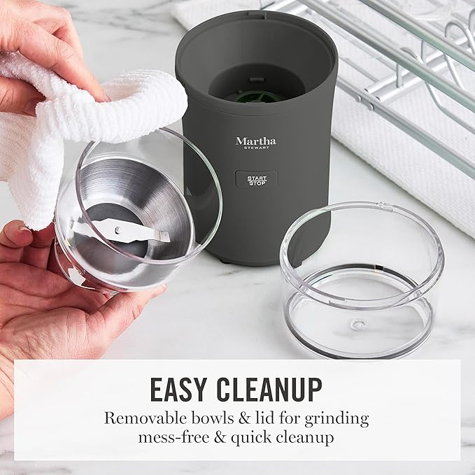 Martha Stewart Electric Coffee & Spice Grinder, Dual 2.5oz Removable Bowls, Storage Lids, Stainless Steel Blades, One Touch Pulse Control, 2-in-1 Compact, Beans & Spices, Herbs & Nuts, Caviar Gray