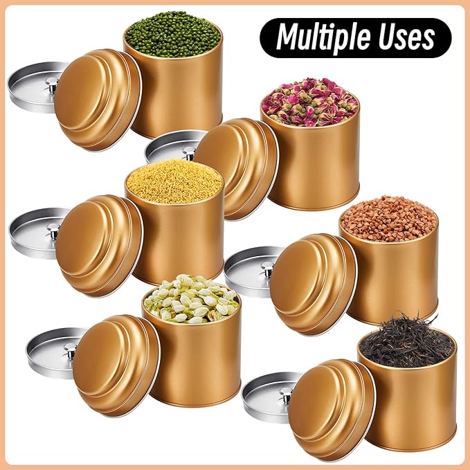 Meanplan 12 Pcs Tea Tin Canister with Airtight Double Lids Round Tin Can Box Small Kitchen Tea Canister Loose Leaf Storage Containers for Loose Bags Coffee Sugar Candy Spices(Bronze Gold,8 oz)