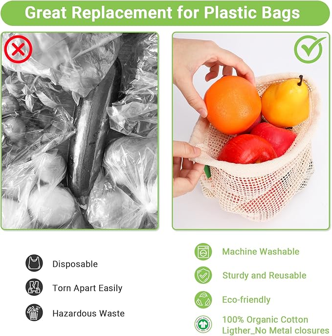 Pack of 6 Reusable Produce Bags Washable, 3 Sizes (2xS+2xM+2xL) Reusable Grocery Bags Heavy Duty Cotton Bag Mesh Bags for Vegetables, Enhanced Closure Edge, Double Stitched, with Tare Weight