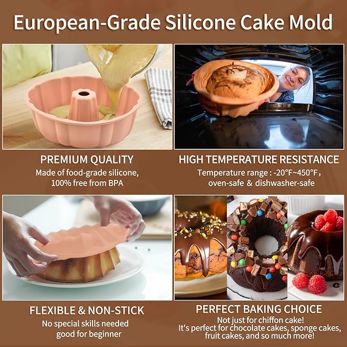 PADELE 2 Pack Silicone Cake Pan Nonstick,10 Inch, Silicone Cake Molds,Pound Cake Pan, Baking for Jello,Gelatin,Cake,Brownie and Bread (Blue+Blue)