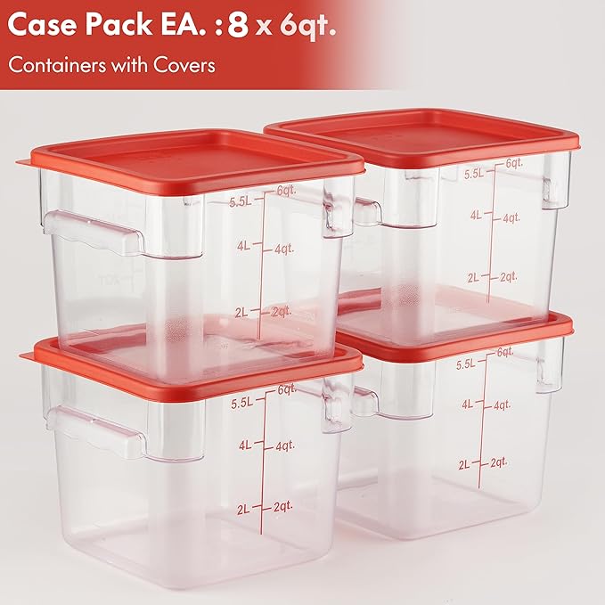 CURTA 8-Pack 6 Qt NSF Clear Polycarbonate Food Storage Containers with Red Lids - Square, Commercial-Grade, Freezer & Dishwasher Safe, Stackable