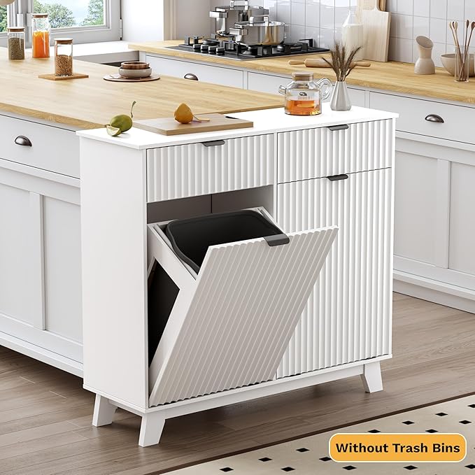 Double Tilt Out Laundry Hamper Cabinet, 20 Gallon Wooden Trash Can Cabinet with Drawers, Hidden Fluted Bathroom Storage Cabinet for Kitchen, Living Room (White, 39.34" W x 35.83" H x 13" D)