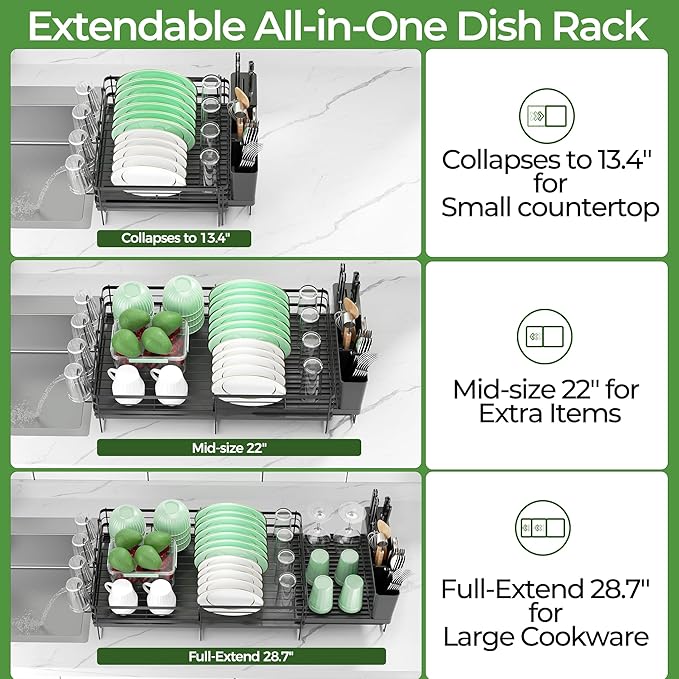 Large Dish Drying Rack, Expandable Dish Rack, Stainless Steel Dish Racks for Kitchen Counter, Multifunctional Dish Drainer with Utensil & Cup Holder, 13.4"-28.7" L x 11.8" W, Black