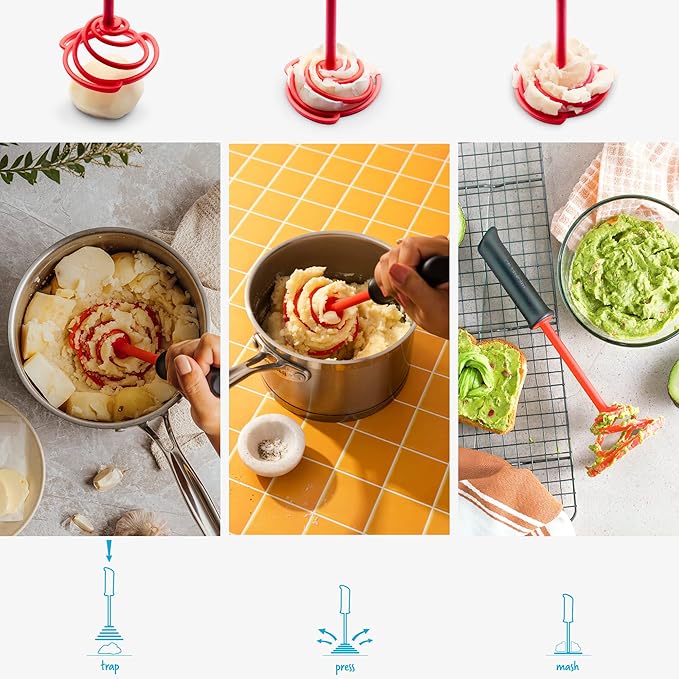 Dreamfarm Smood Lite | One-Handed Nylon Spring Coil Vegetable and Potato Masher with Soft Grip and Bowl Scraper | Red
