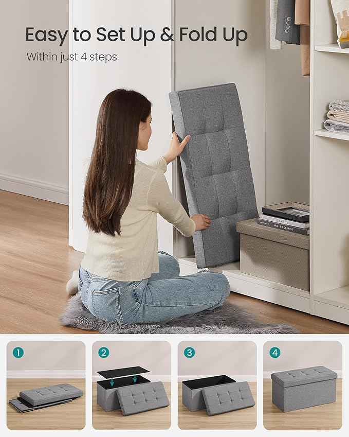 SONGMICS MAZIE Collection - 30 Inches Folding Storage Ottoman Bench, Ottoman Foot Rest, End of Bed Bench, Storage Chest, Load 660 lb, for Living Room, Bedroom, Entryway, Light Gray ULSF47G