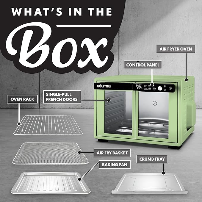 Gourmia French Door Air Fryer Oven - 37 Qt Large Capacity Convection Toaster Oven, FryForce 360°, Digital Display, 12 Cooking Presets, Dehydrate, Fits 13” Pizza, Dishwasher-Safe, Green