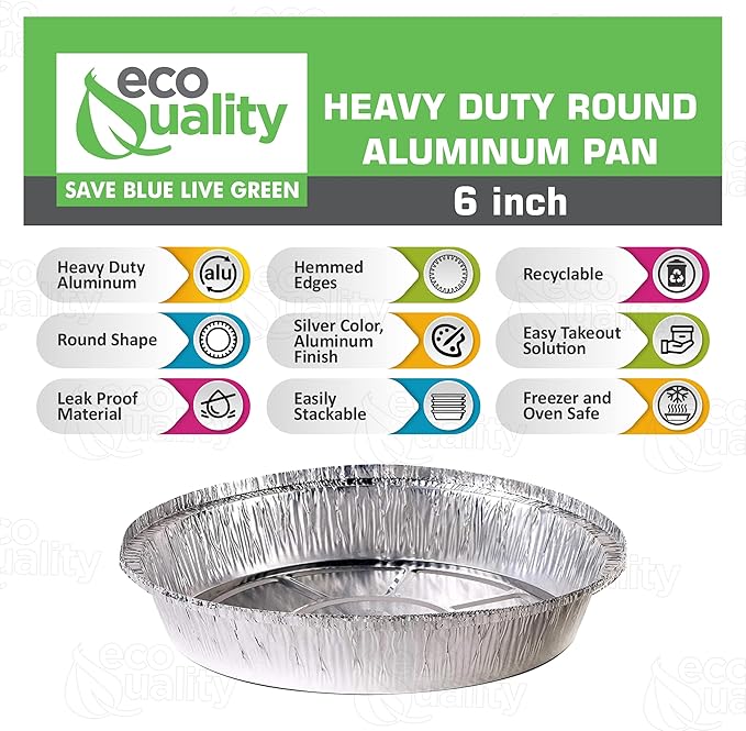 EcoQuality 6" Round Aluminum Foil Pans - Disposable Containers with Foldable Walls for Pie Baking, Cooking, Serving, Reheating, and Storing - Freezer and Oven Safe Tart Pan 400 Pack