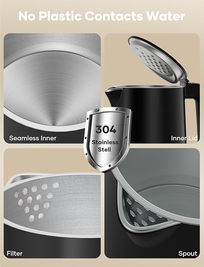 Small Electric Kettle, 0.8L Water Boiler & Heater, 1000W Hot Tea Pot, Double Wall Stainless Steel Cool Touch, Mini Coffee Kettle with Auto Shut Off & Boil Dry Protection, BPA-Free, Black Gold