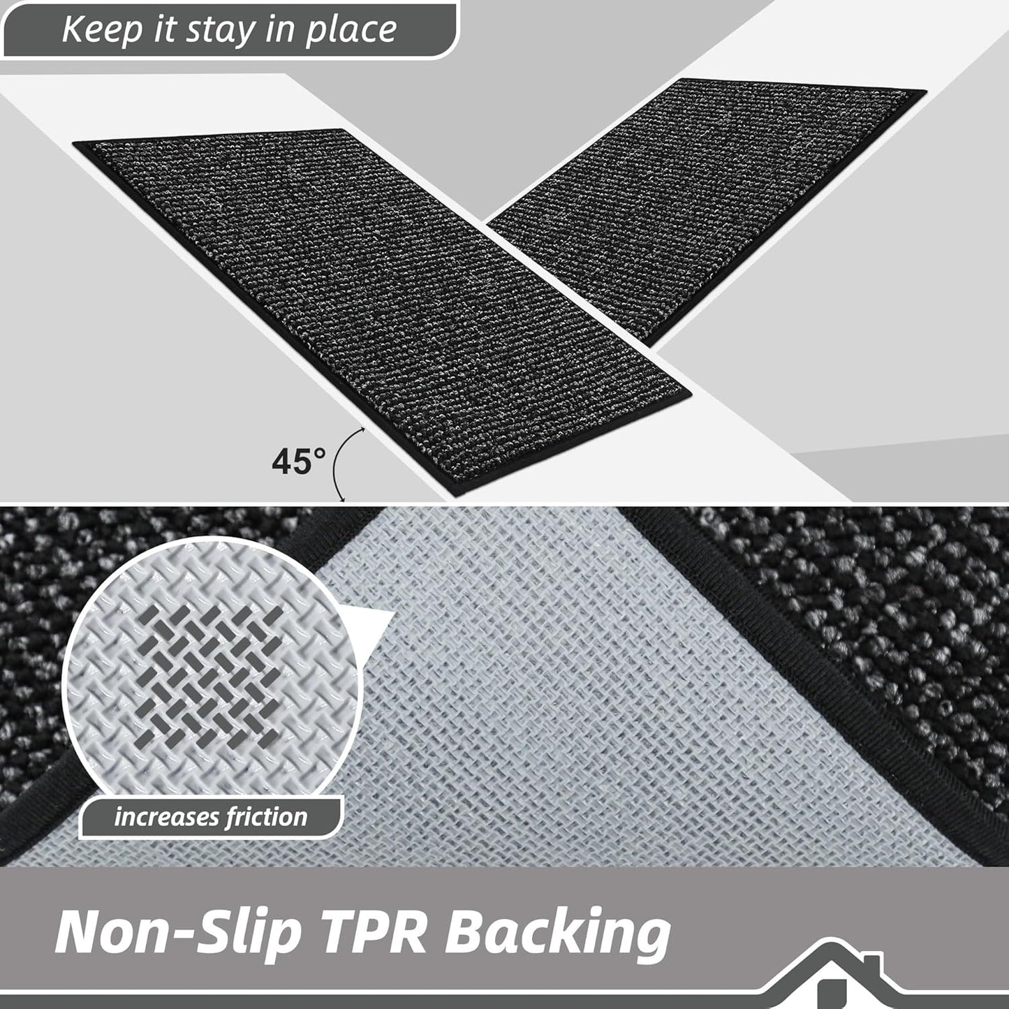 BEQHAUSE Kitchen Rugs and Mats 2PCS, Non-Slip Kitchen Mats for Floor, Absorbent and Stain Resistant Kitchen Runner, Machine Washable Rugs for Kitchen, Laundry & Sink, 20"x32"+20"x48", Black