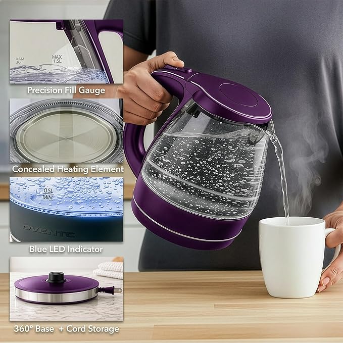 OVENTE Electric Kettle, 1.5L Borosilicate Glass Countertop Water Heater and Boiler for Coffee or Tea, BPA-Free, Auto Shut-Off, Boil-Dry Protection, Removable and Washable Spout Filter, Purple KG83P