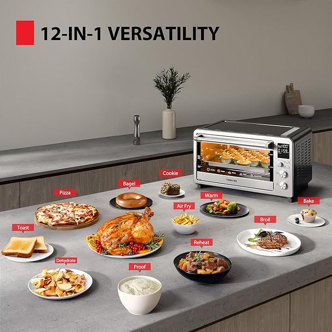 TOSHIBA ChefFry Air Fryer Toaster Oven Combo with Toast, Bake, Broil, Pizza & Dehydrate, 26.4-Quart Capacity, Stainless Steel
