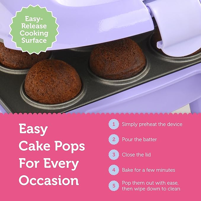 Babycakes Mini Cake Pop Maker by Select Brands - Easy-to-Use Machine - Recipes Included - Non-Stick Coating, Non-Skid Feet & Power Light - Makes 9 Cake Pops