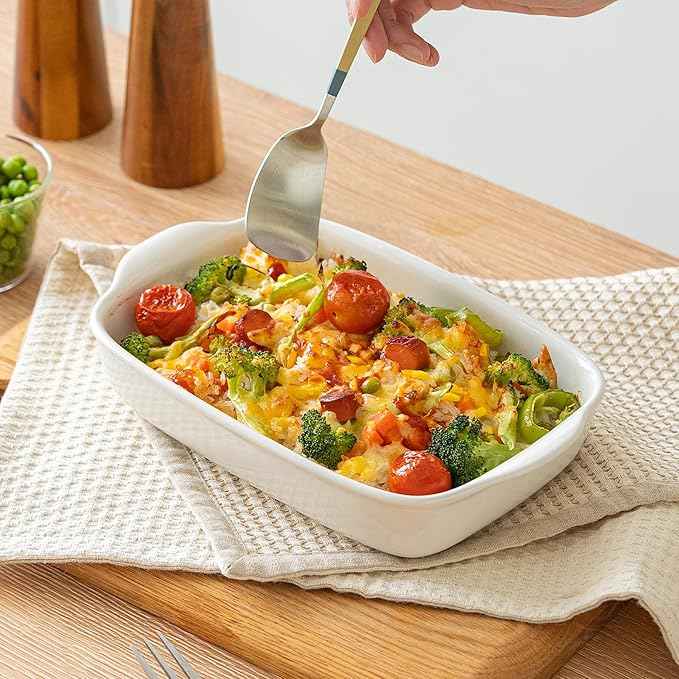 3-Pack Ceramic Baking Dishes Set,Heavy-Duty Oven-Safe Stoneware,Deep Rectangular Casserole Pans for Lasagna & Baking,High Heat Resistant,Handcrafted Glazed Finish (13.8''/12''/9.6'' Pure Off-White)