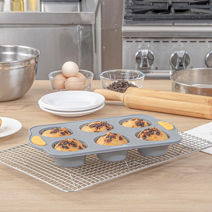 Restaurantware Silicone Baking Molds Pack of 10 Non-Stick Muffin Molds with Handles 6 Compartments, Oven-Friendly Dishwashable Freezer-Friendly Heat-Resistant Gray Silicone Cupcake Muffin Pans