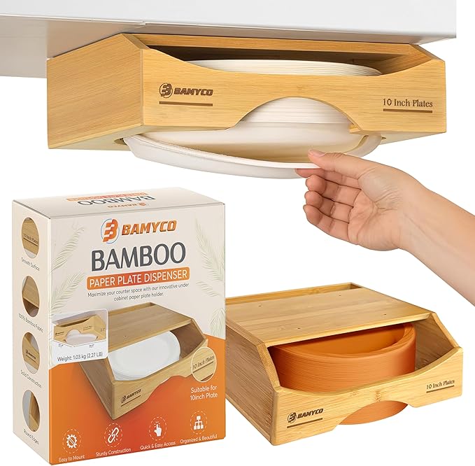Bamboo Paper Plate Dispenser Under Cabinet for 10 Inch Paper Plates - Plate Organizer for Cabinet – Storage Paper Plate Holders Reusable for Kitchen organizer and Plastic Dinner Plates Disposable
