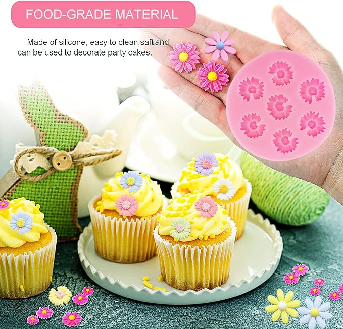 4Pcs Rose Flower Silicone Molds Daisy Chrysanthemum Silicone Molds Small Flower Shapes Fondant Cake Chocolate Molds Polymer Clay Resin Mold for Cake Decoration Candy Ice Cube Soap Wax Making DIY Craft