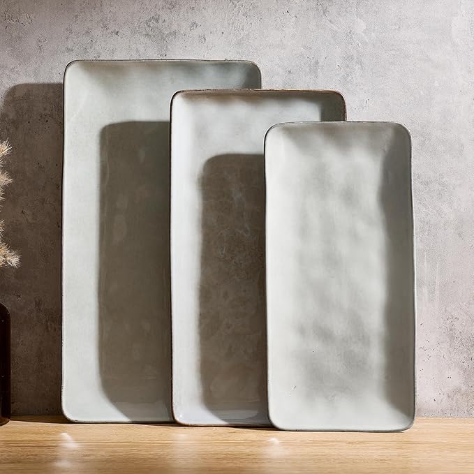 Famiware Serving Platter, Rectangular 15.67/14.1/12.6inch Serving Dishes for Entertaining, Reactive Glaze, Stoneware Serving Trays for Party, Food, Turkey, Snack, Cheese, Ocean Series, Grey