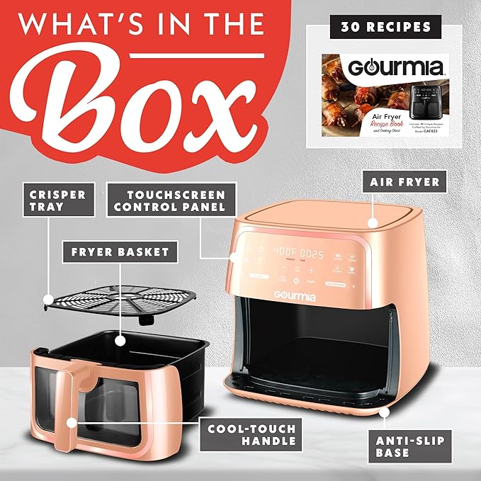 Gourmia 8 Qt Air Fryer, 8 Presets with Digital Display, FryForce 360° Technology, Easy View Window & Interior Light, Dishwasher Safe Basket, Peach