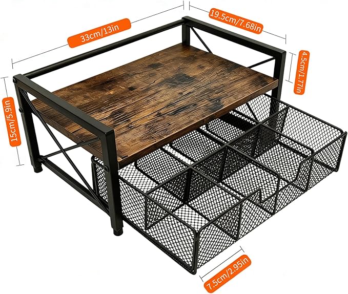 Tea Bag Organizer With Adjustable Drawer, Teabag Bar Holder Organizer For Counter, Wood ＆ Metal Station Storage Chest Display, Coffee Packet Containers Box For Countertop Kitchen Office Rustic Brown