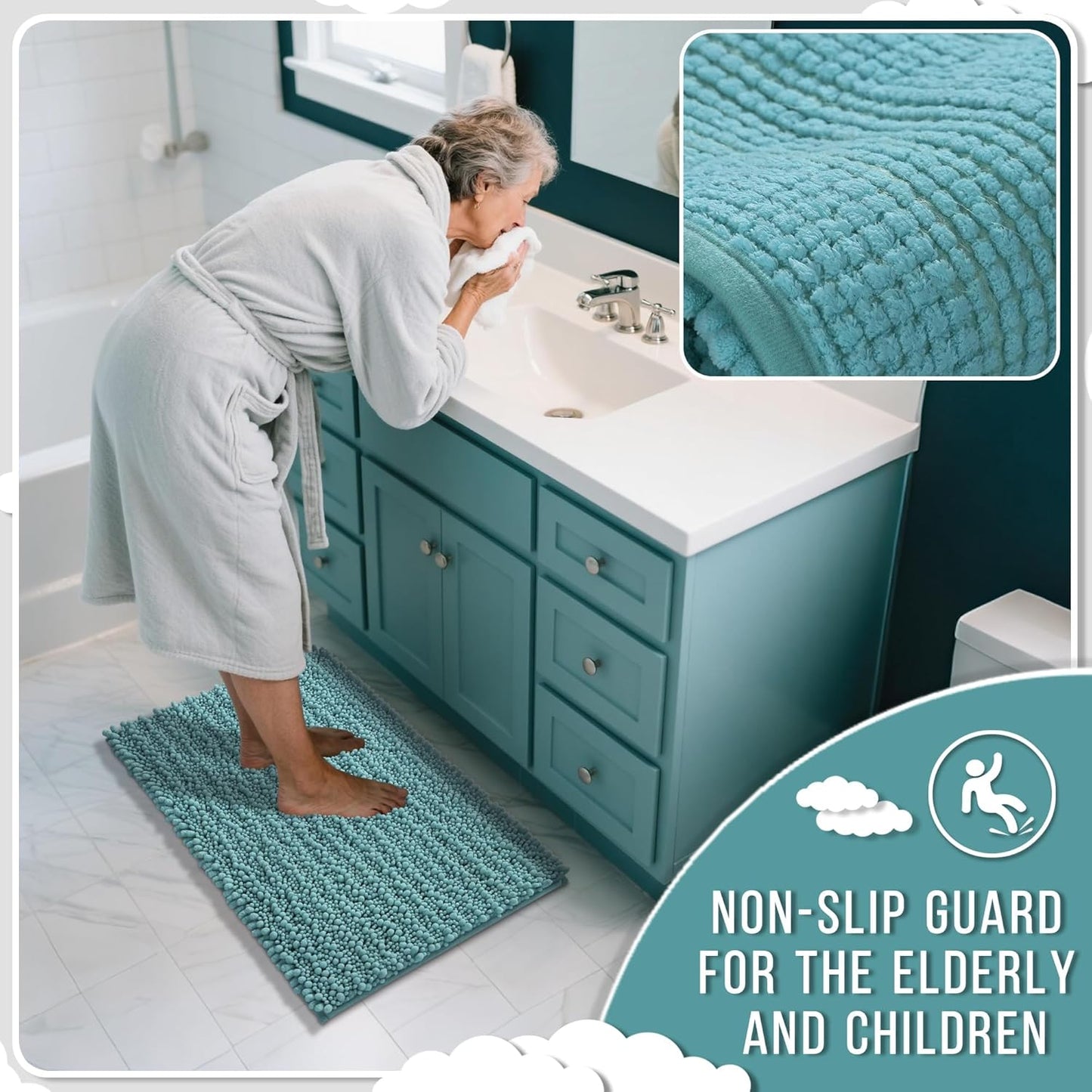 Yimobra Long Bathroom Rugs Non Slip Washable 44x24 Inch - Ultra Soft Absorbent Chenille Bath Mat, Quick Dry Shaggy Floor Carpet for Tub Shower, Teal Blue Home Decor Accessories