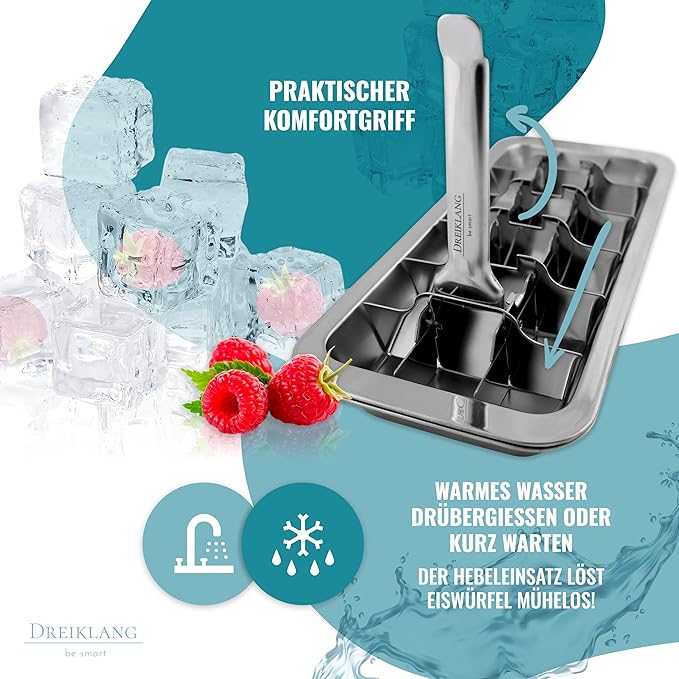 Stainless Steel Polished Set 2-Pack Ice Cube Tray for freezer Ice Cube Tray with Lever Insert for Easy Release | Food-Safe & Durable Ice Cube Maker | Plastic-Free Large