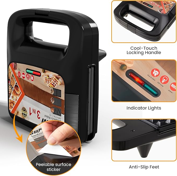 3 in 1 Waffle, Grill & Sandwich Maker, Sandwich Maker Panini Press Waffle Iron Set with Removable Non-Stick Plates & Indicator Lights, Panini Press Grill for Breakfast, 800W, Black