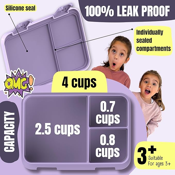 BEARFOOT Kids Lunch Box with Compartments – Compact & Lightweight | Leak-Proof, BPA-Free, Dishwasher & Microwave Safe | Hand-Drawn Design for Preschool, School, Travel (Unicorn Purple, 4 Cups)