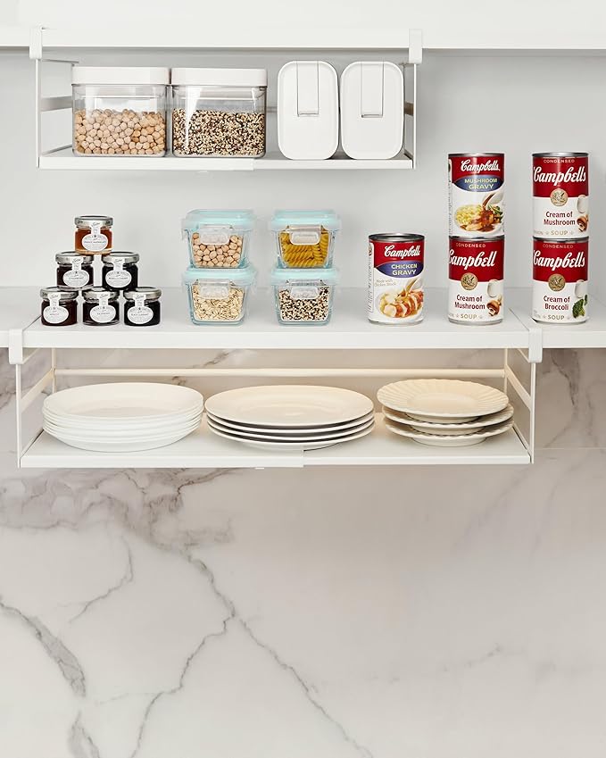2Pack Under Shelf Storage Basket Organizer Expandable Width Add-On Space Saver Hanging Under Cabinet Pantry Kitchen Countertop Desktop Bookshelf Cupboard Board Slide-in White Heavy-Duty Metal