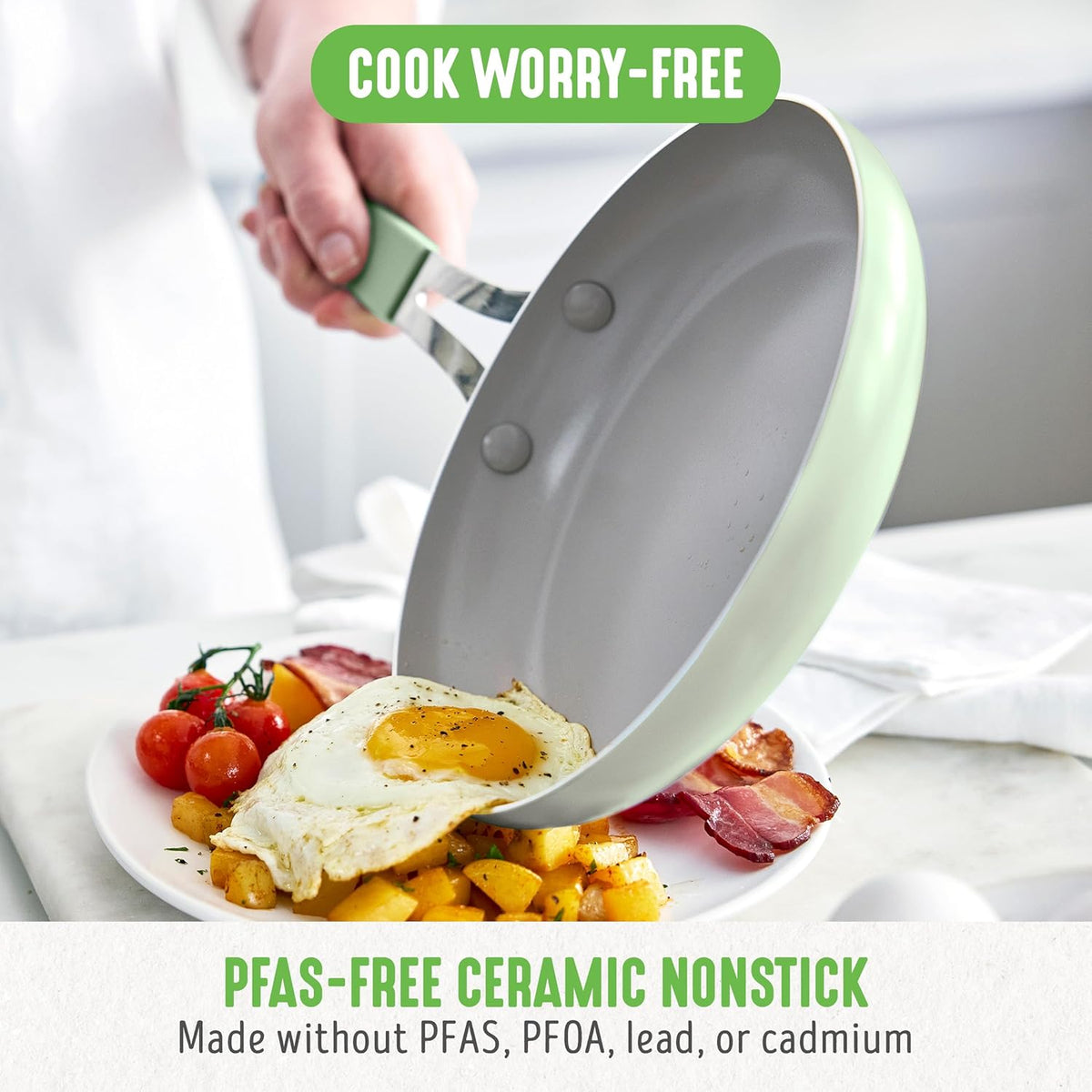 GreenLife 8” & 10” 2 Piece Nonstick Ceramic Frying Pan Set, Lightweight Healthy PFAS-Free Skillets, Dishwasher & Oven Safe, Durable Body, Silicone Stay-Cool Handles, Easy Release, Sage Green