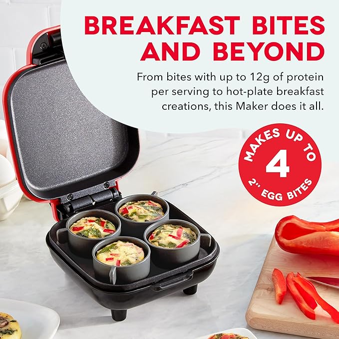 Dash Deluxe Egg Bite Maker - Electric Egg Bite Maker for Healthy Protein Snacks - Quick Cleanup, Space-Saving Design & Non-Slip Feet - 4 Servings, Red
