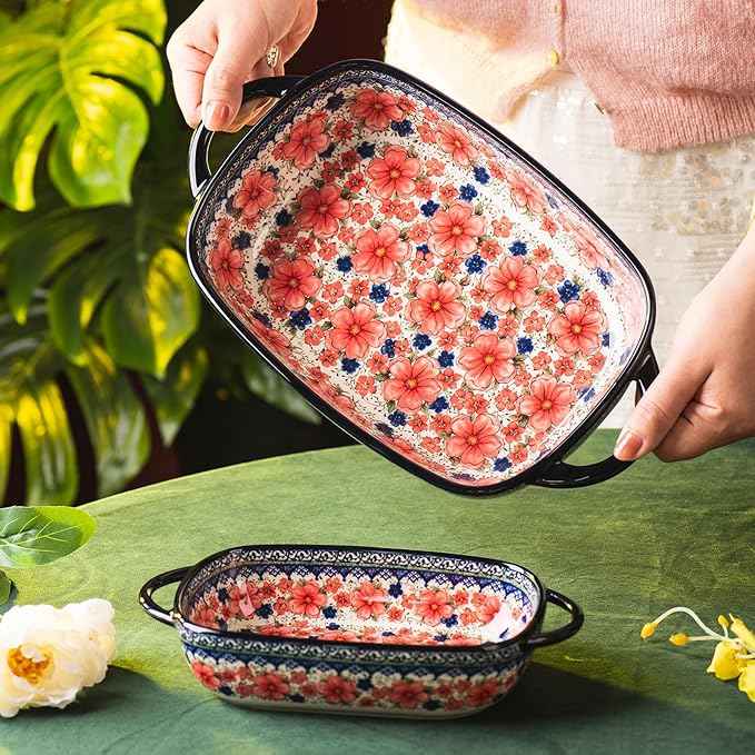 Baking Dish Ceramic Baking Pan Blue Casserole Dish Porcelain rectangular Baking Set 2pcs Bakeware Sets single serving size Lasagna Pan Baking Dishes for oven(Pum flower)