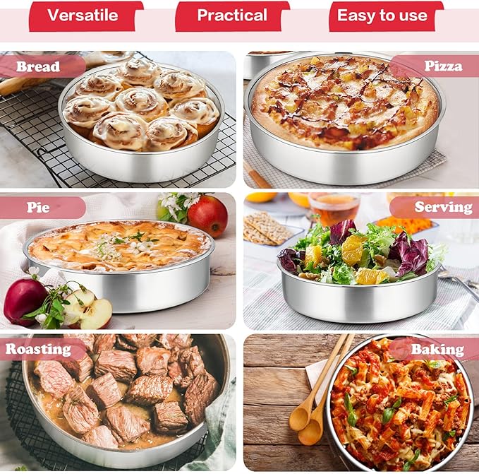 P&P CHEF 8 Inch Cake Pan Set of 2, Stainless Steel Round Baking Layer Cake Pans, Non Toxic & Healthy, Leak-proof & Easy Clean, Mirror Finish & Easy Releasing, Oven & Dishwasher Safe