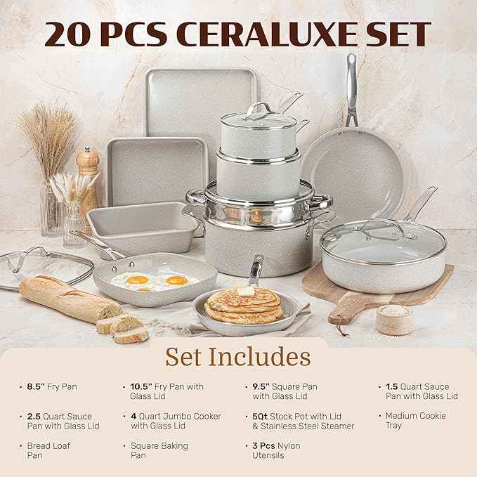 Granitestone Ceraluxe 20 Pc Nonstick Ceramic Cookware Set, Diamond Infused Pots and Pans Set with Bakeware, Utensils & Steamer, Non Toxic Kitchen Cookware PFOA PFOS Free, Oven & Dishwasher Safe