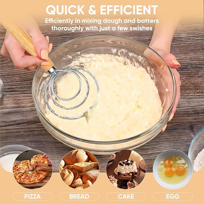 Maxjoy Danish Dough Whisk Wooden Dutch Bread Mixer with Stainless Steel Hook for Sourdough Baking Hand Tool