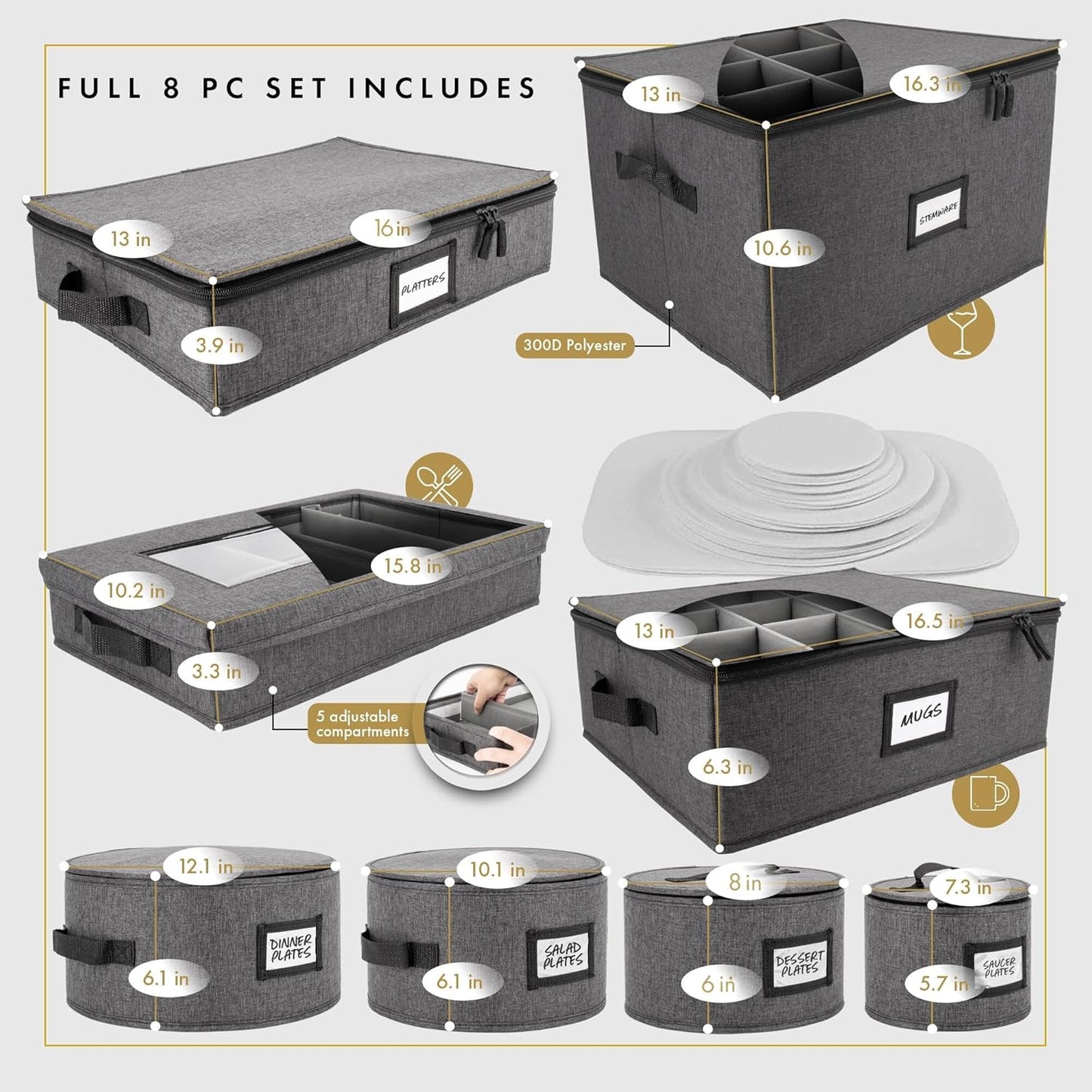 HOMELUX THEORY Platter Storage with Lid, Hard Shell China Storage Containers, Heavy Duty Dinnerware Storage Box with 5 Felt Pads and Thick Surface for Dishes and Dinner Plate, Move Out Essentials