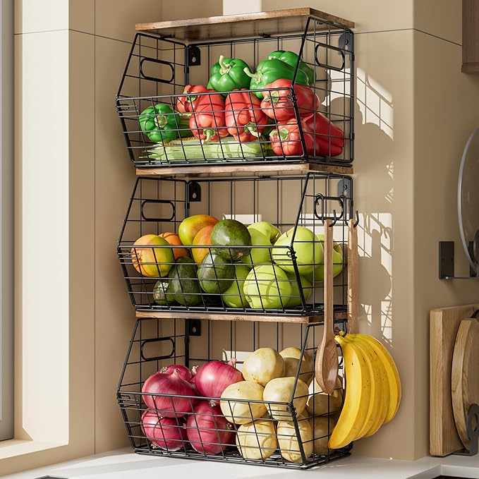 Delamu Stackable Metal Fruit Basket with Wood Lid 3 Pack, Hanging Wall Organizer for Kitchen Counter, Pantry Storage for Onions, Potatoes, Garli, Fruits, Spices, Black