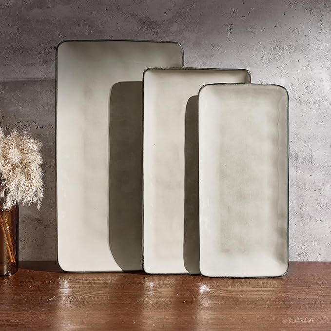 famiware Serving Platter, Rectangular 15.67/14.1/12.6inch Serving Dishes for Entertaining, Dishwasher Safe, Stoneware Serving Trays for Party, Food, Turkey, Snack, Cheese, Reactive Glaze, Light Khaki