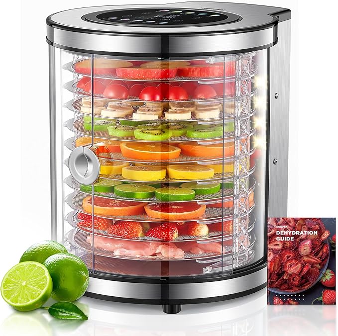 Reemix Food Dehydrator, 10 Tier Stainless Steel Rotating Trays, 850W Dryer for Beef Jerky, Fruits, Vegetables, Dog Treats, Clear View & Touch Control, 10 Presets & Custom, Easy-Clean