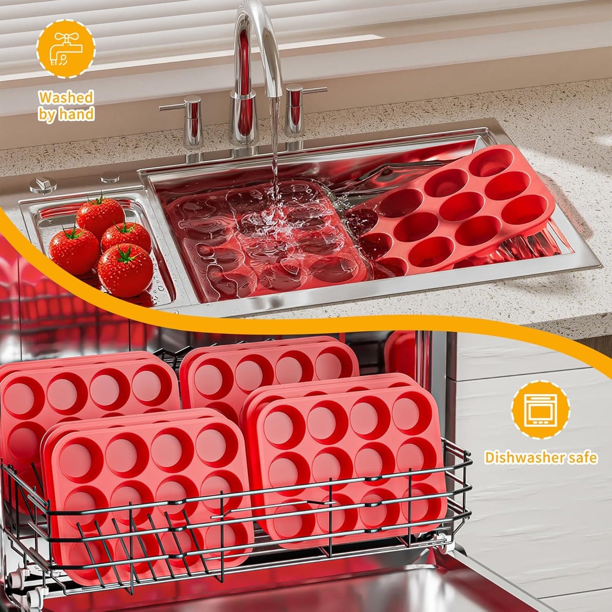 Bangp 12-Cup Silicone Muffin Pan with Metal Reinforced Frame,2 Pack Regular Size Cupcake Pan,Premium Non-Stick Bend Resistance Silicone Molds for Making Muffin,Cakes,Tart,Egg Bites (Red)
