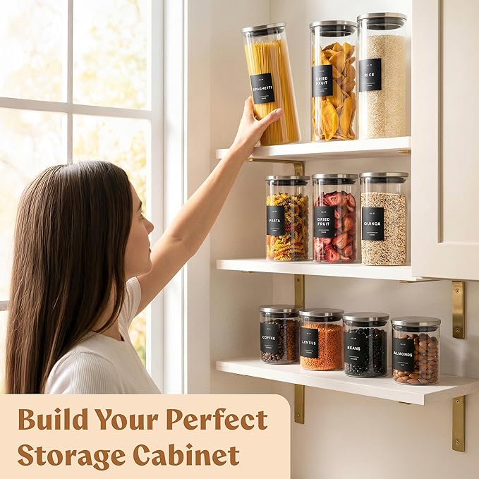 EDELHAUS Glass Storage Containers with Stainless Steel Lids [Extra Thick Glas] with 54 Labels - Canister For Pantry Noodles Flour Cereal Rice Sugar Tea Coffee Beans - Round Set of 5x