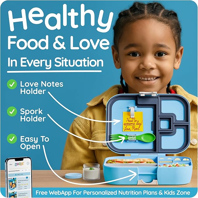YOOPI Lunch Boxes for Kids–Toddler Bento Box with 4 Leakproof Compartment Food Bentobox Container,Lunch Box for School with Lunchbox Containers, Lightweight Sandwich Box & Snack Box (Sky Blue)