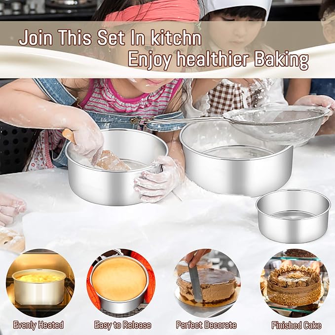 E-far Cake Pan Set of 3 (4’’/6’’/8), Deep Stainless Steel Round Cake Pans Tins for Wedding Birthday, Non-toxic & Dishwasher Safe, Mirror Finish & Straight Side