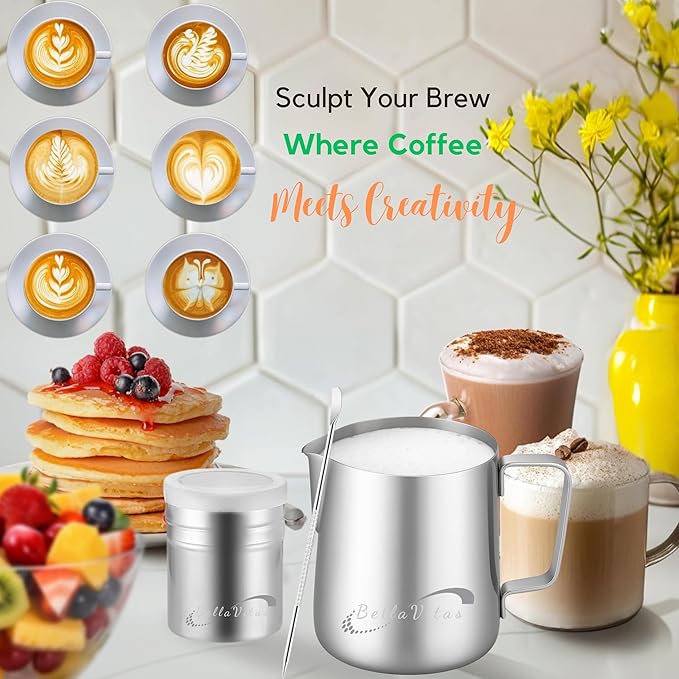 Milk Frothing Pitcher Set 20oz/600ml, 304 Stainless Steel Milk Frother Cup with Cocoa Shaker, Latte Art Pen, Stencils, Espresso Machine Accessories & Coffee Barista Tools Latte Pitcher Gift
