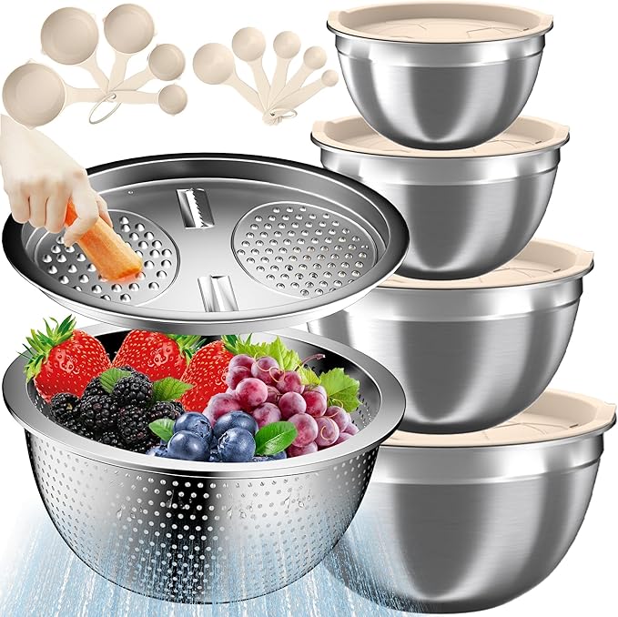 Mixing Bowls with Lids Set, 16PCS Stainless Steel Mixing Bowls,Nesting Storage Bowls for Kitchen with Mixing Bowls Set, Colander, Strainer & Grater , Metal Salad Bowl for Kitchen Gadgets , Cream