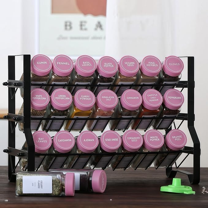 36 Glass Spice Jars with Label-4oz Spice Containers with Pink Lids and Shaker Lids,3 Sets of Spice Labels 1 Collapsible Funnel 2 Erasable Markers (36)