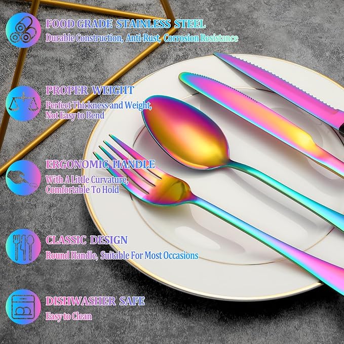 48 Pcs Rainbow Silverware Set with Steak Knives Service for 8,Stainless Steel Flatware Set,Mirror Polished Cutlery Utensil Set, Kitchen Eating Tableware,Include Fork Knife Spoon Set,Dishwasher Safe